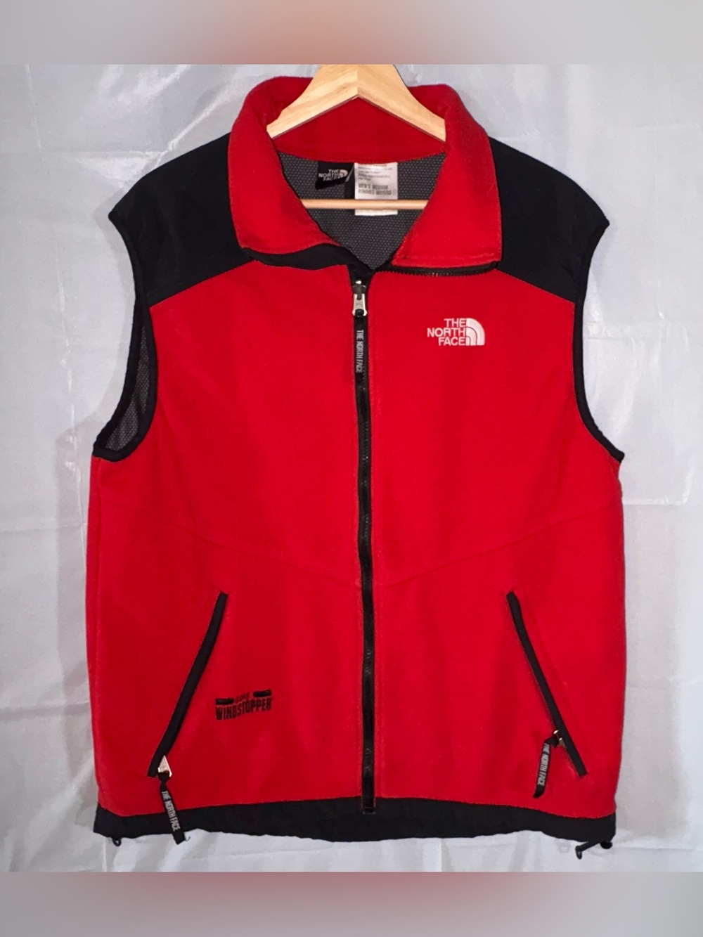 North Face Vest Mens Medium Red Black Wind-stopper Fleece Full Zip Up Hiking